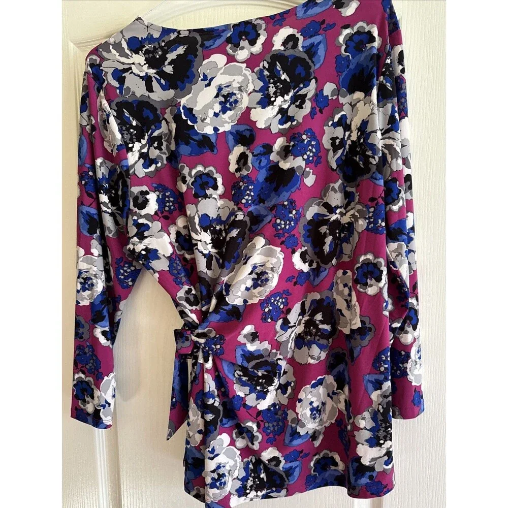 Kasper‎ Women Purple Blue Floral Crew-Neck Self-Tie Side Blouse Top Size XL